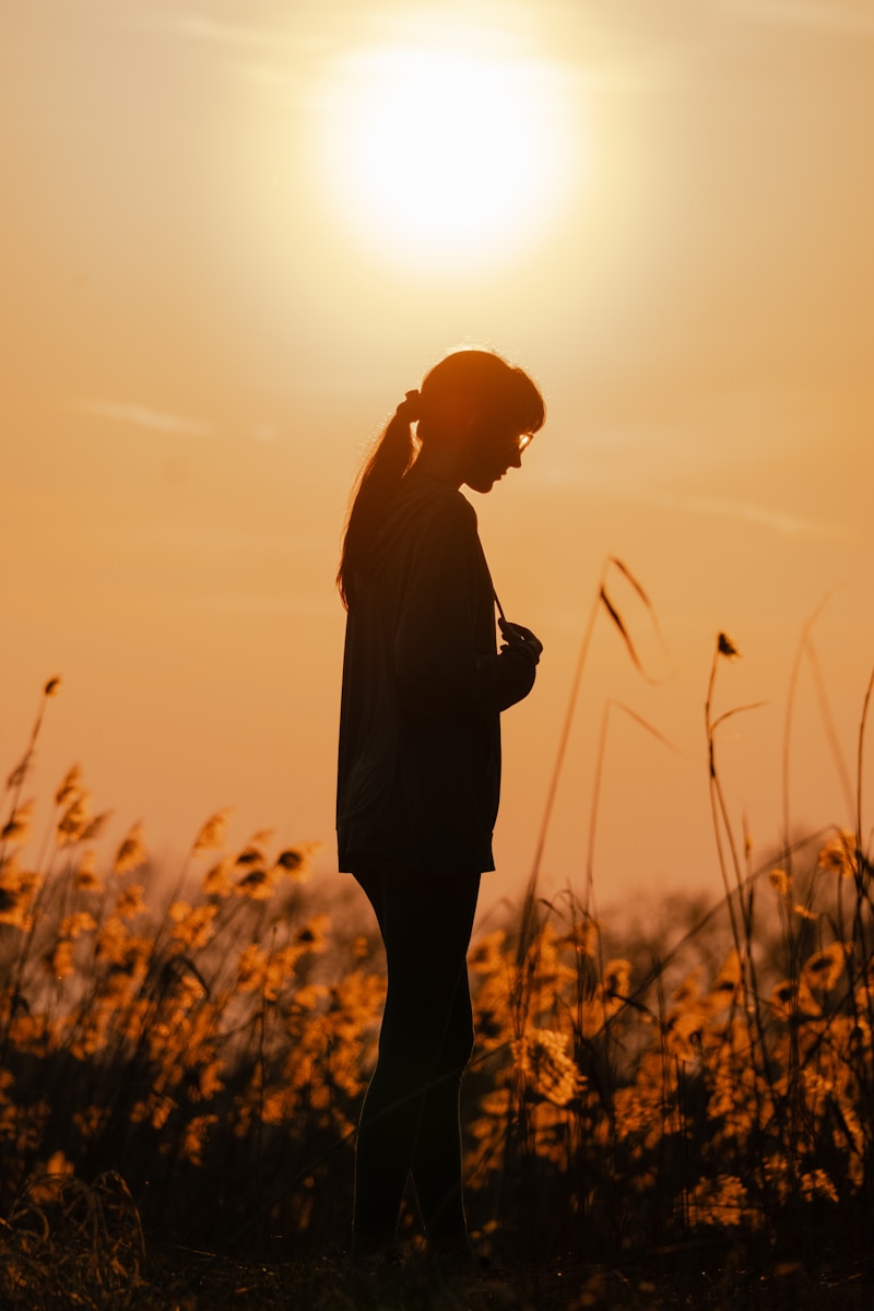 Silhouette of a woman against the setting sun.